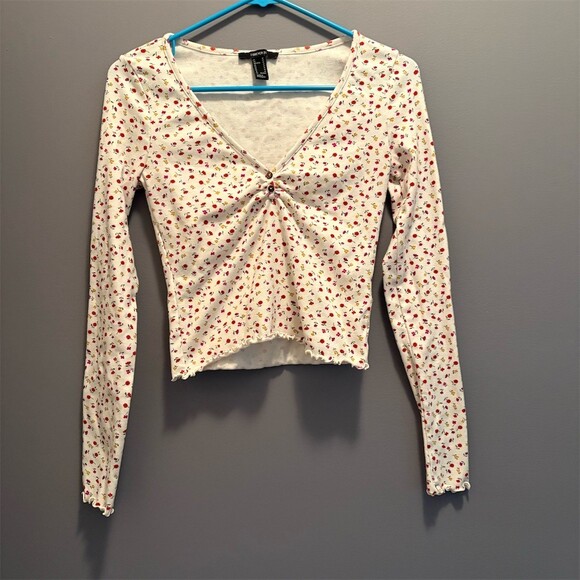 Forever 21 Tops - Forever 21 Blouse Womens M Ivory Floral V-Neck Long Sleeve Cropped Ruched